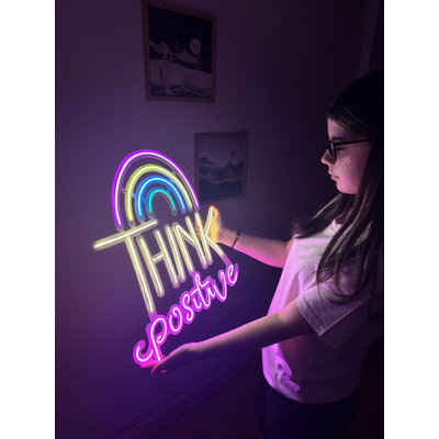 Think Positive Metal Neon Sign, Neon Wall Decor, Light Decor, Led Neon Sign,Neon Wall Decor, Neon Sign, Neon Wall Art, Home Decor, Wedding gifts,Rainbow Color, (With Remote Control)