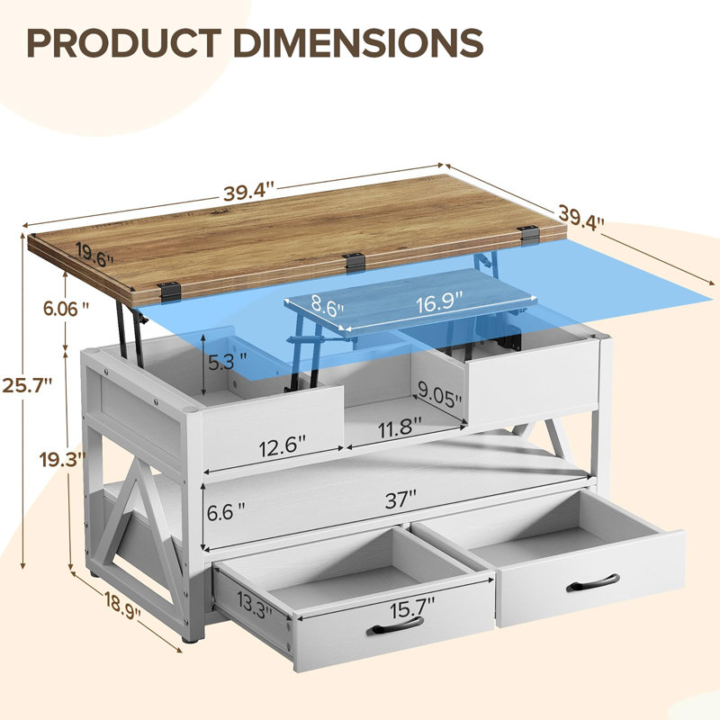 Table basse à plateau relevable 40 po, 19.3" H x 39.4" W x 19.6" D, Brown/White