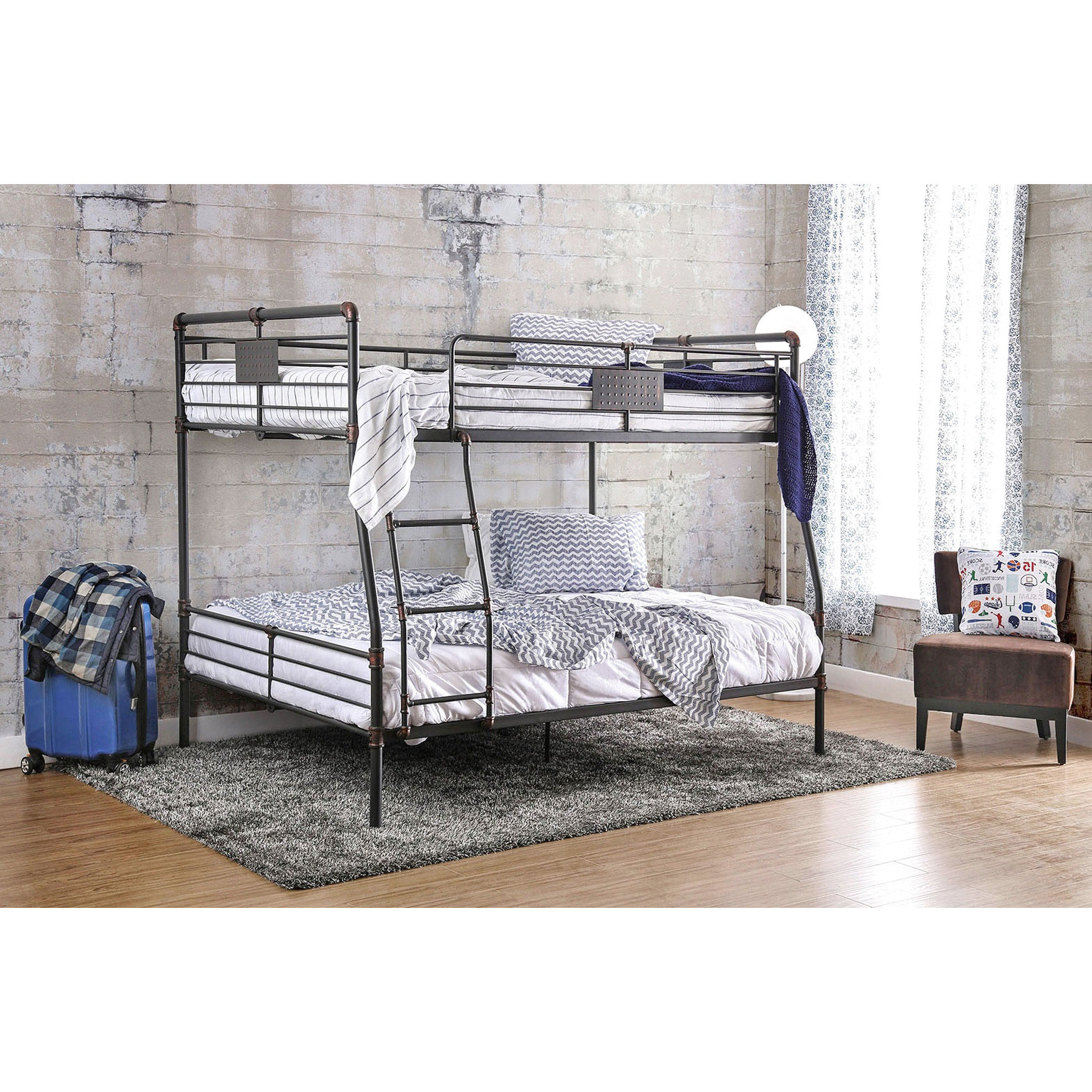 Bilaterally Upper Rails 17 Stories Full Over Queen Bunk Bed In Industrial Style, Metal ...