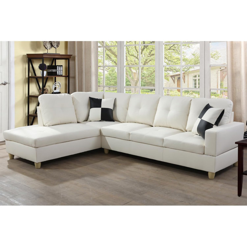 Bawan Faux Leather L-Shaped Sectional, Left Hand Facing, White Faux Leather