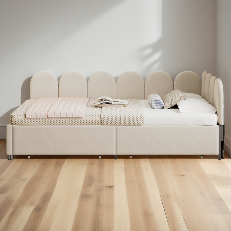 Lit de jour rembourré avec 2 tiroirs, Beige, Complet/Double