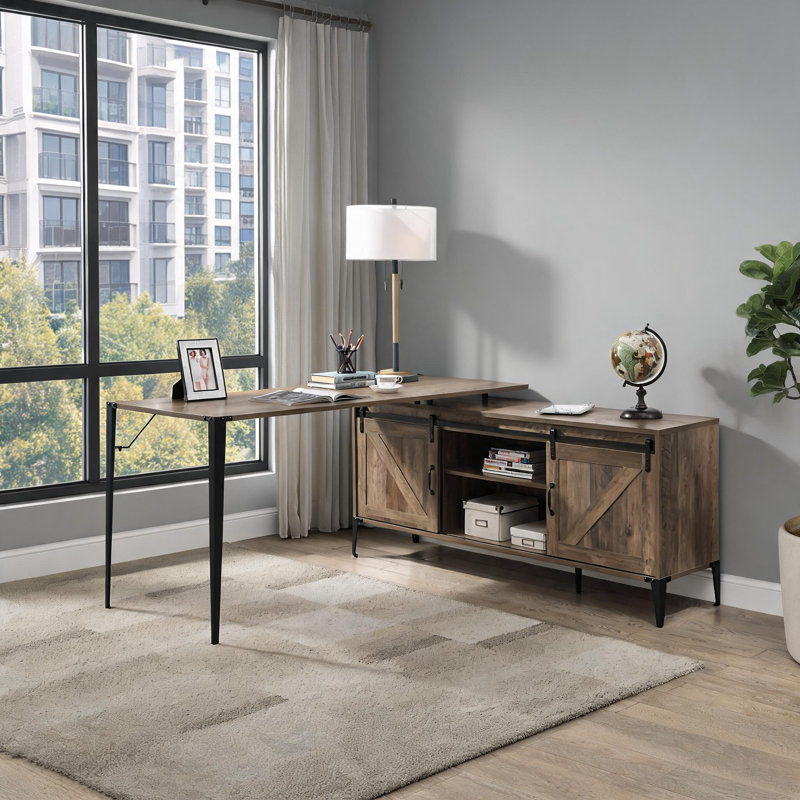 Bureau d'écriture rustique en L noir avec rangement pour porte de grange coulissante style rustique
