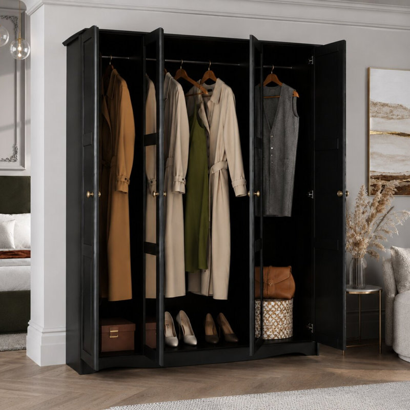 Garde-robe 100% en bois massif avec portes en miroir et poignées en métal, Black