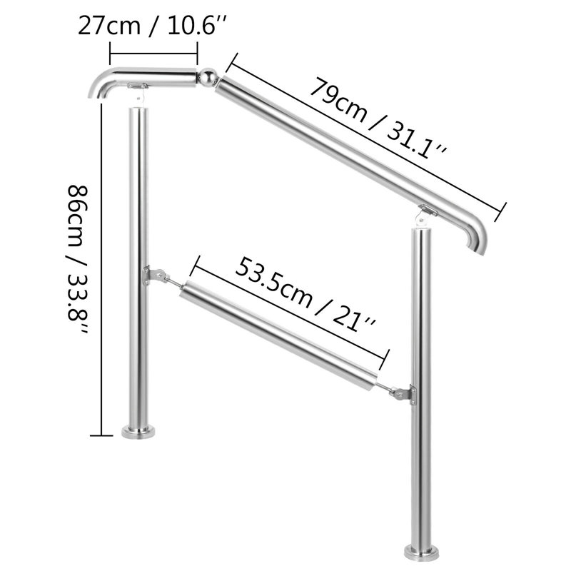 Adjustable Stainless Steel Handrail for 2-3 Steps, Silver Finish