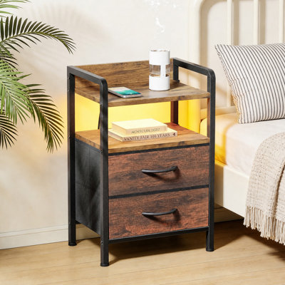Bedside Table with Charging Station – End Table with 2 Open Shelves & 2 Drawers, Nightstand with Adjustable LED Lights for Living Room, Bedroom, Small Spaces – White