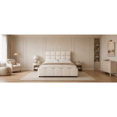Structure de lit double en velours pleine grandeur avec tête de lit à panneau, support à lattes en bois, aucun sommier requis, assemblage facile, beige
