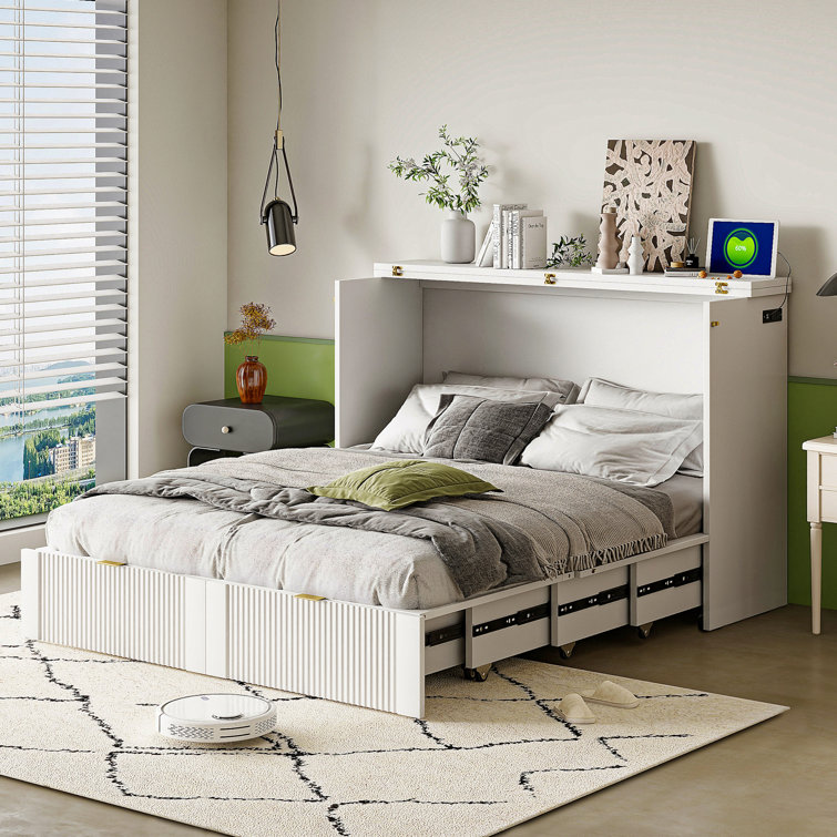 Lit escamotable double avec tiroir et un ensemble de prises et ports USB