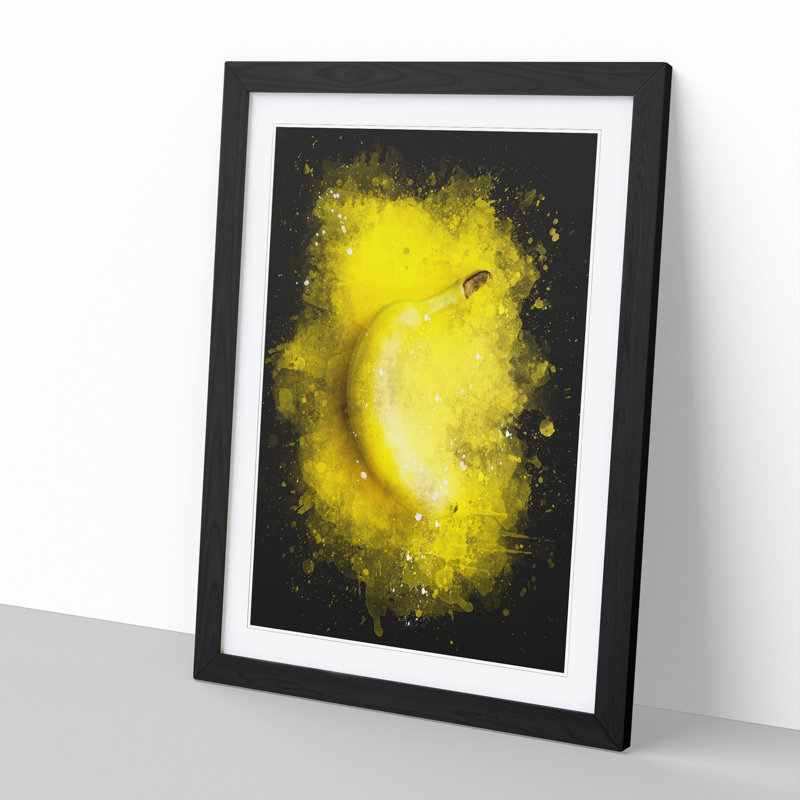 Yellow Banana Paint Splash - Picture Frame Graphic Art, 90cm H x 65cm W x 2cm D, Black