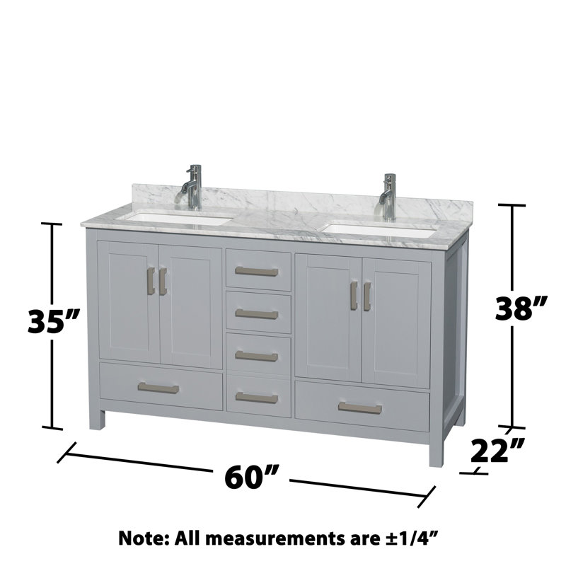 Sheffield 60" Freestanding Double Bathroom Vanity with Marble Top, Gray, White Carrara