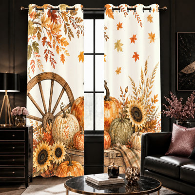 2 pièces d'automne récolte roue de chariot citrouilles tournesols rideaux imprimés, thème d'automne rustique style botanique salon chambre rideaux de fenêtre pour la maison