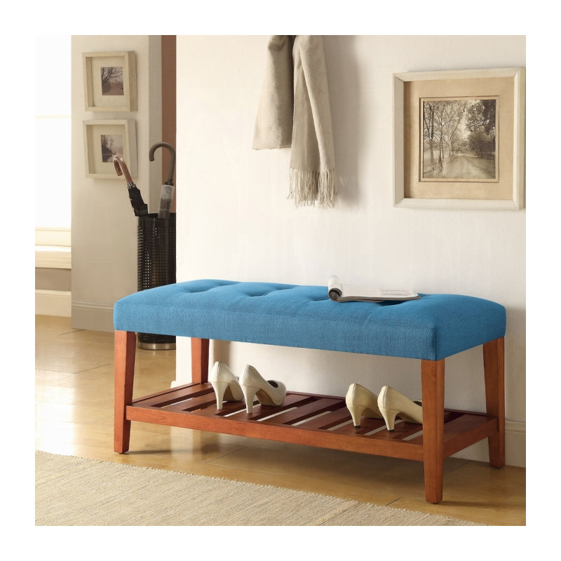 Charla Contemporary Upholstered Bench With Oak Frame, Blue Upholstery, Blue