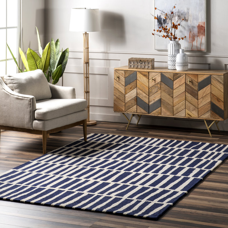 Tapis bleu marine / blanc en laine touffeté à la main Lauderhill, Rectangulaire 3 pi x 5 pi
