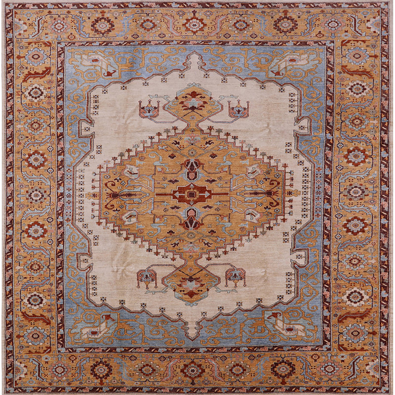 Tapis oriental orange / gris, Carré 7 pi