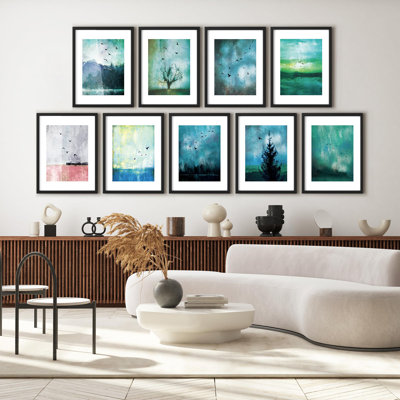 Art mural encadré, ensemble de galerie, oiseaux volés dans la nuit, forêt, nature, arbres, illustrations, paysage moderne, dramatique, multicolore, ultra pour la chambre à coucher, le salon, le bureau - 11 po x 14 po x 9 po