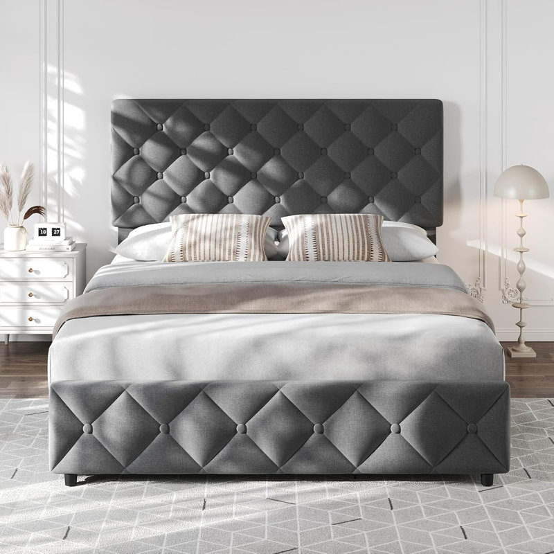 Structure de lit double tapissier avec 4 tiroirs de rangement, tête de lit capitonnée, gris, Gris, Lit double