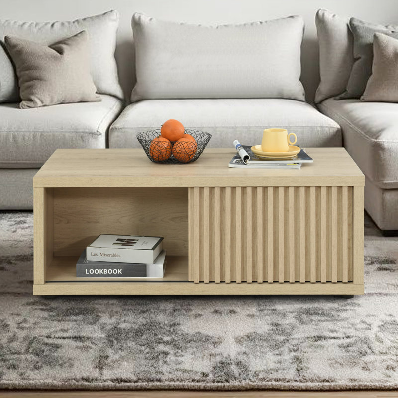 Table basse rectangulaire avec rangement et porte coulissante moderne Mid-Century de 39,4 po Abdel, Chêne