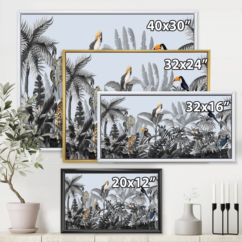 Chinoiserie avec oiseaux et pivoines - peinture sur toile, H 16 po x l 32 po x p 1 po, Cadre flottant noir