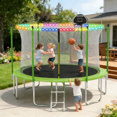 1400lbs 14ft Trampoline For Adults And Kids,trampoline With Enclosure,basketball Hoop, Light,recreational Trampoline With Ladder, Heavy Duty Trampoline Capacity For 6-7 Kids