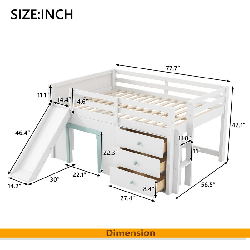Lit mezzanine double pleine grandeur avec glissade, trois tiroirs de rangement et deux portes