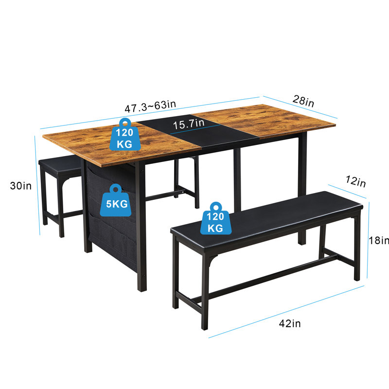 Vidala 63" Extendable Dining Table Set with Bench, Rectangular Wood Kitchen Table Set for 6-8 People, Space-Saving Expandable Dining Room Furniture, Brown