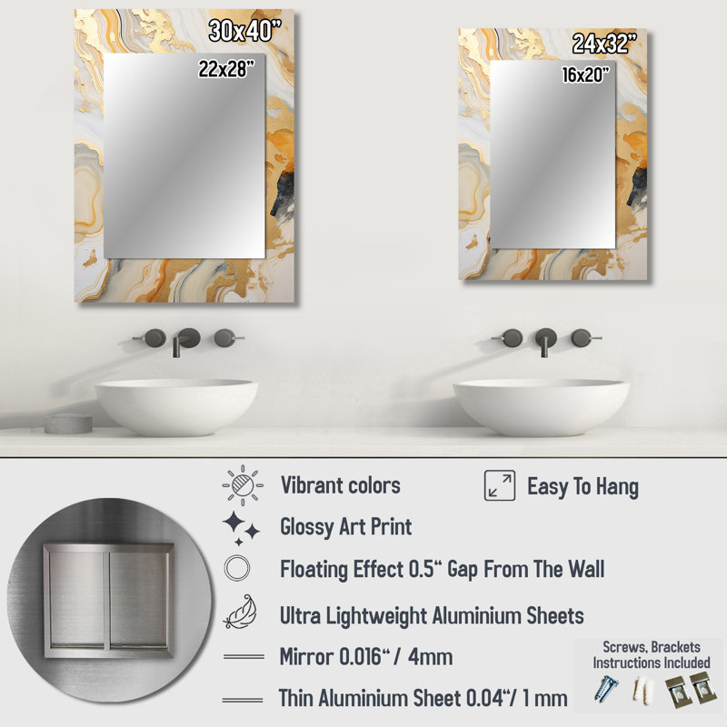 Gold And White Marble River - Marble Mirror, Modern Decorative Wall Mirror, Printed Metal Art, 32" x 24"