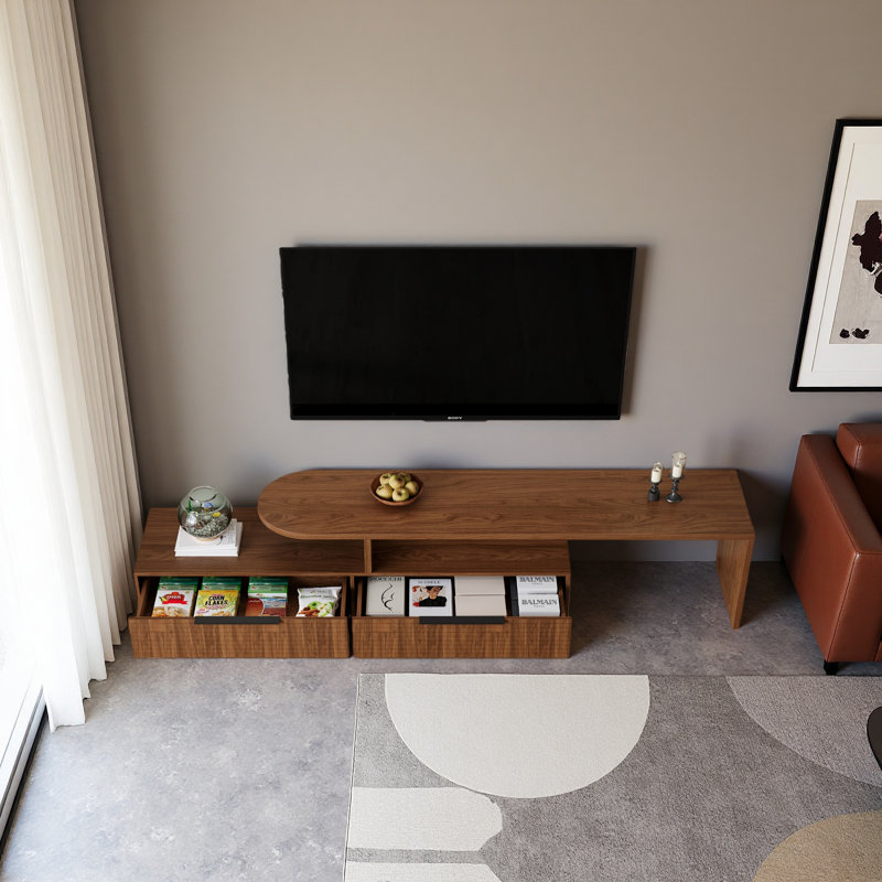 Meuble télé 71 po à rallonge, meuble télé moderne à finition noyer avec tiroirs de rangement, meuble télé à plancher surbaissé pour le salon