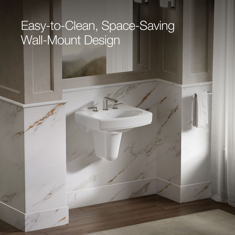 Pinoir® Vitreous China U-Shaped Semi-Pedestal Bathroom Sink with Overflow, White, 8" Centers