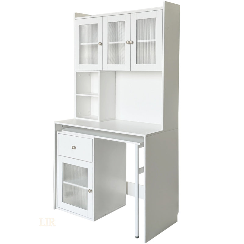 Bureau d'ordinateur polyvalent avec porte en verre, bibliothèque, huche et bureau rotatif à 90 degrés pour le bureau à domicile