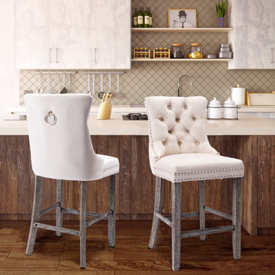 Ghabriel 19.5" Wide Mid-Century Modern Velvet Fabric With Tufted Back  Beige Barstool, With Cushion Solid Wood Frame Counter Stool