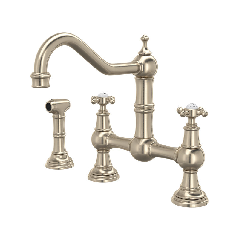 Edwardian Bridge Kitchen Faucet With Side Spray, Satin Nickel, Cross