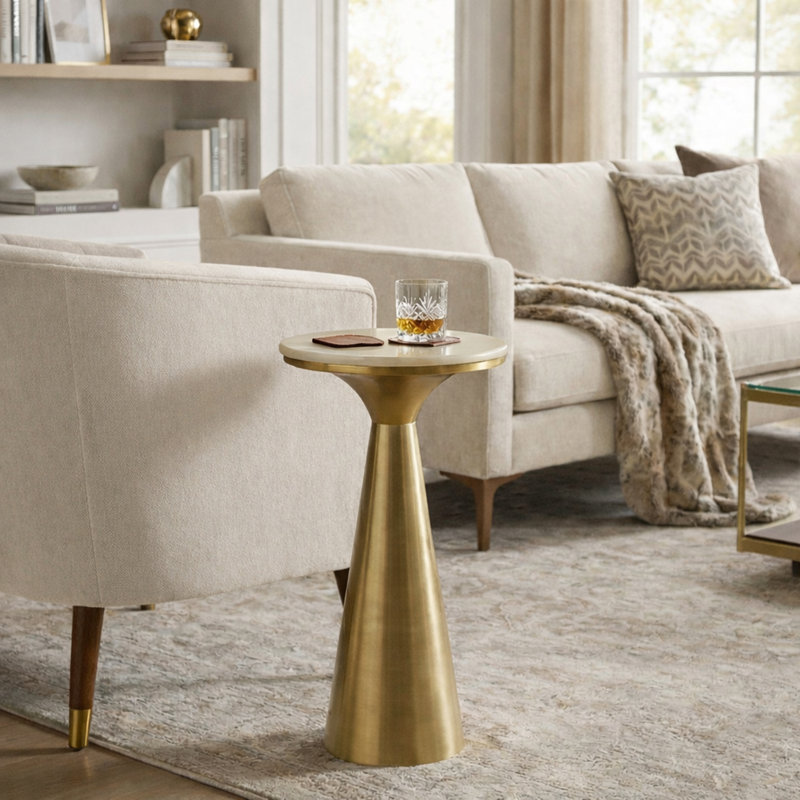 Table d'appoint moderne avec plateau en marbre blanc et piédestal noir brossé, Or