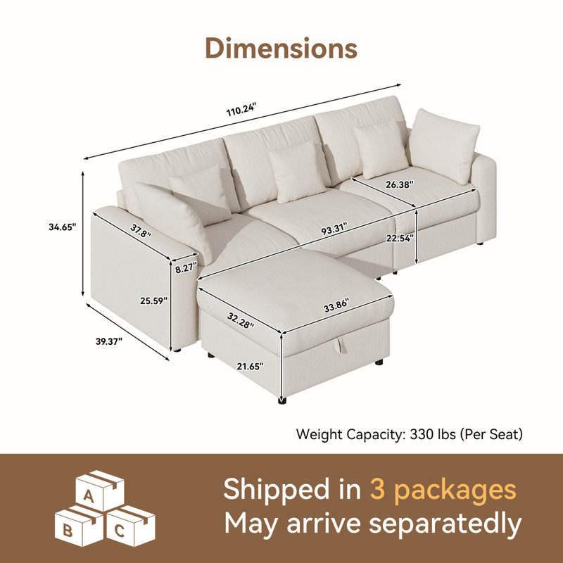 Canapé modulaire à nuage 3 places avec repose-pieds de rangement Pure Cloud 110 po, Forme en L, Beige