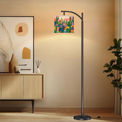 Lampe sur pied à arc avec abat-jour réglable Desert Cactus coloré, fleurs vibrantes, lampe sur pied, style abstrait, 3 couleurs, intensité variable, grand poteau avec interrupteur au pied pour la chambre à coucher