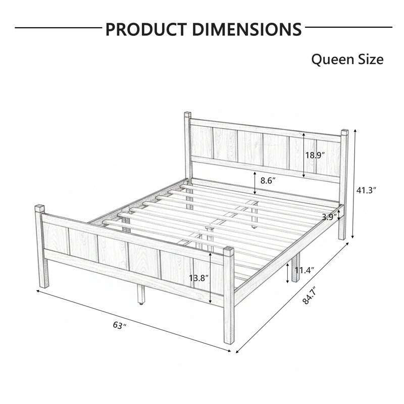Farmhouse Bed Frame with Headboard and Footboard, Wood Platform Bed with Tall Legs and Underbed Storage, No Box Spring Needed, Walnut, Queen