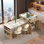 Îlot de cuisine cannelé avec table de salle à manger extensible, prise de courant, rangement double, 2 tiroirs et 2 tablettes ouvertes latérales