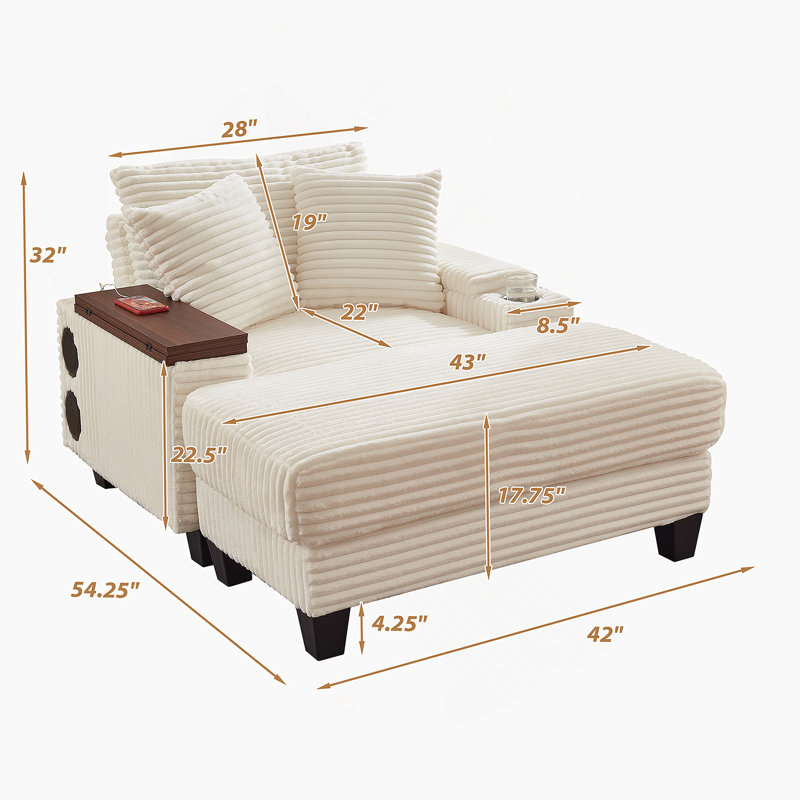 Canapé en velours côtelé avec accoudoirs, siège polyvalent simple avec repose-pieds, porte-gobelet, haut-parleur Bluetooth, ports USB, tableau pivotant à 180 °, pour le salon, la chambre à coucher et l’appartement