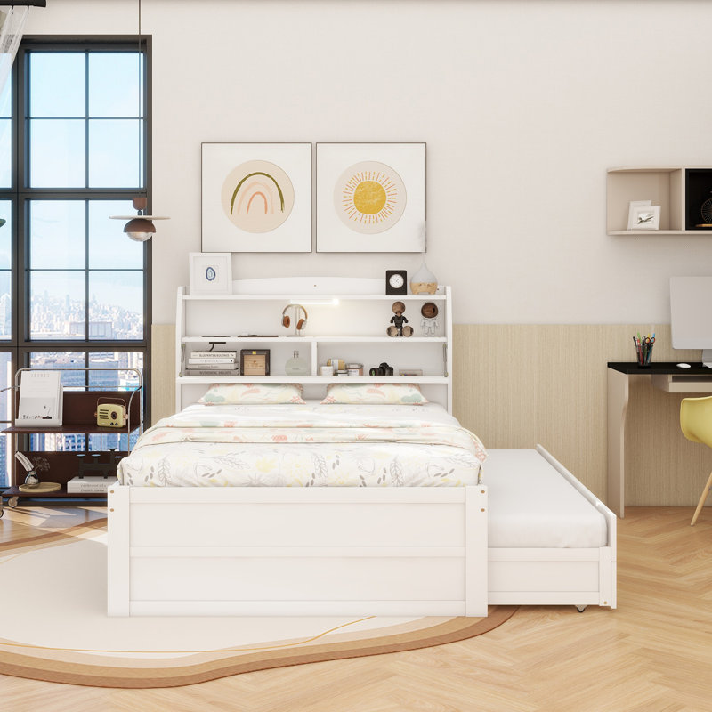 Lit plateforme en bois avec lit gigogne et tête de lit à DEL avec tiroirs, Lit double, Blanc