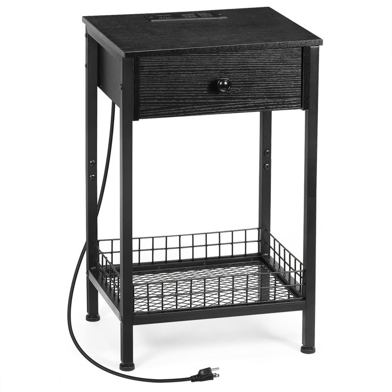 Table de chevet rustique noire - Bois robuste et acier, station de charge, installation facile