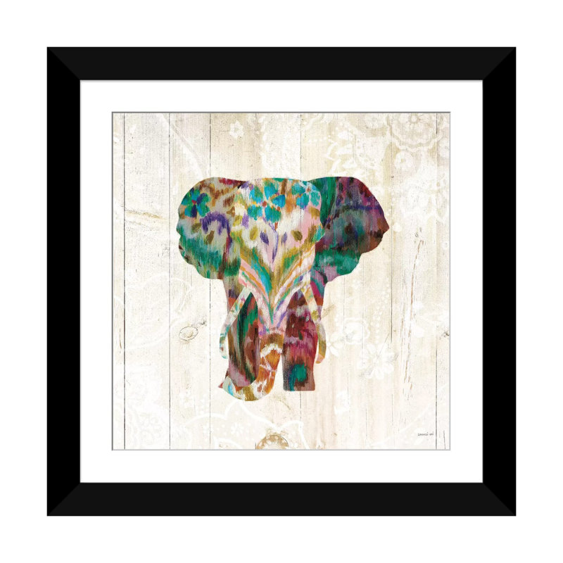 «Boho Paisley Elephant III», impression sur toile, Blanc, Papier d'art encadré noir, H 24 po x l 24 po x P 1 po