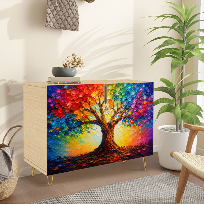 Buffet Buffet avec rangement Arbre de couleur arc-en-ciel abstrait de style impressionniste avec 2 portes pour le salon et la cuisine