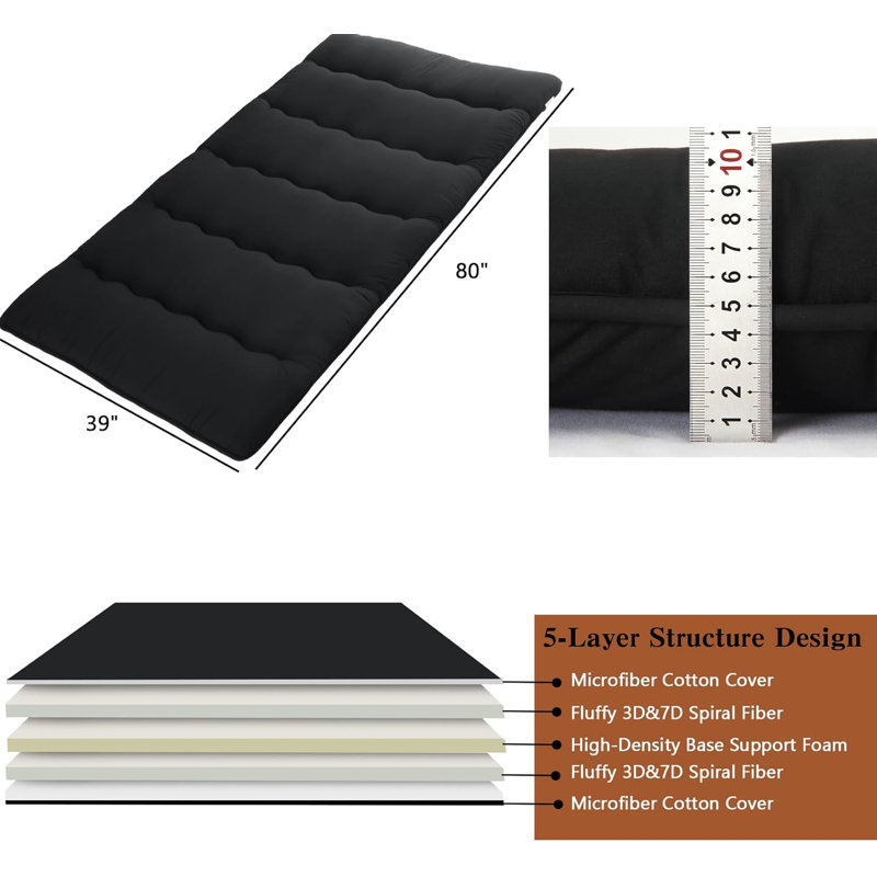 Portable Japanese Futon Mattress, Floor Lounger Bed, Tatami Mat Sleeping Pad for Camping, Guest Room, Twin, Black