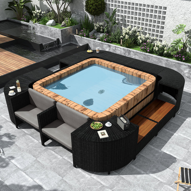 Canapé modulaire quadrilatéral avec mini sièges en bois et espace de rangement extérieur gris