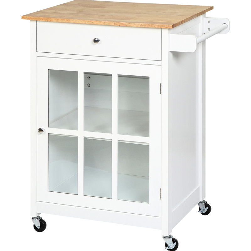 27" Kitchen Island With Drawer - White. Glass Door Cabinet & Towel Rack. Adjustable Shelf. Rubber Wood Top. 4 Wheels For Mobility. 26.5" W X 19" D 34" H. 110 Lbs Capacity On Drawer, Workspace. Mobile