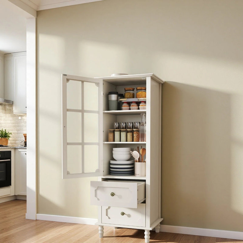 Buffet Buffet avec portes en verre et tiroir, armoire de rangement en bois avec tablette réglable, Blanc