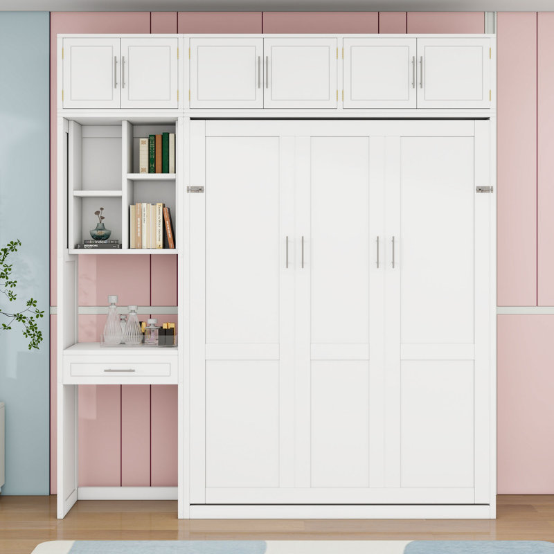 Lit escamotable avec bureau intégré et tablettes, Double, Blanc