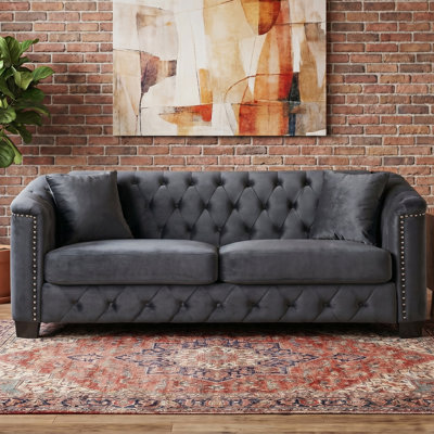 Velvet 3 Seats Sofa ,with Nailhead Armrests And Button-tufted Back  