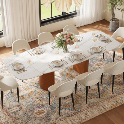 63 To 94.5-Inch Extendable Dining Table For 4-8, Kitchen Table With Sintered Stone Tabletop And Fluted Wood Base For Family Living Room Space Saving