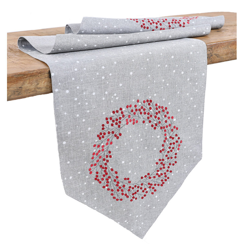 Isakson Holly Berry Wreath Embroidered Table Runner, 90" L x 15" W, Gray