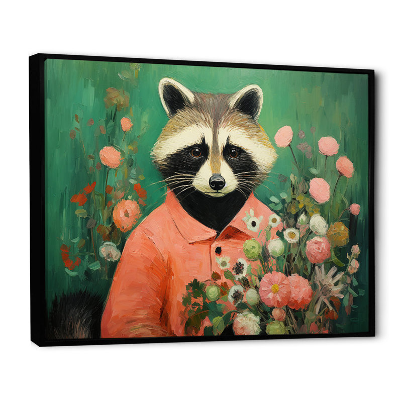 Raton laveur noir et vert en fleurs assorties - raton laveur, art mural, Cadre flottant noir, H 34 po x l 44 po x P 1,5 po