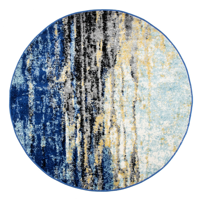 Melanarka Abstract Power Loom Performance Blue Rug, Round 4'